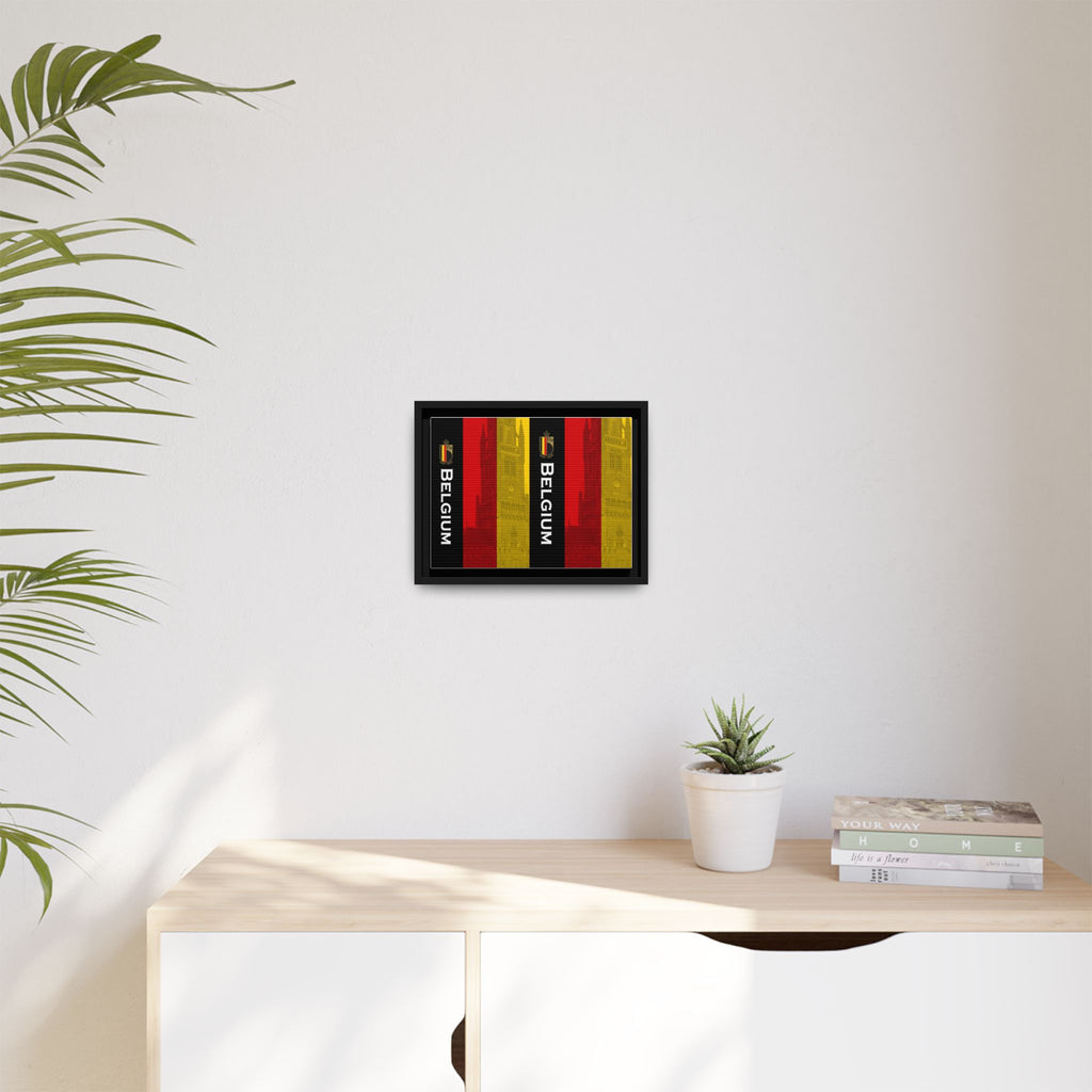 Belgium Flag Matte Canvas Framed Wall Art — Vertical Tricolor with Belfry Silhouette