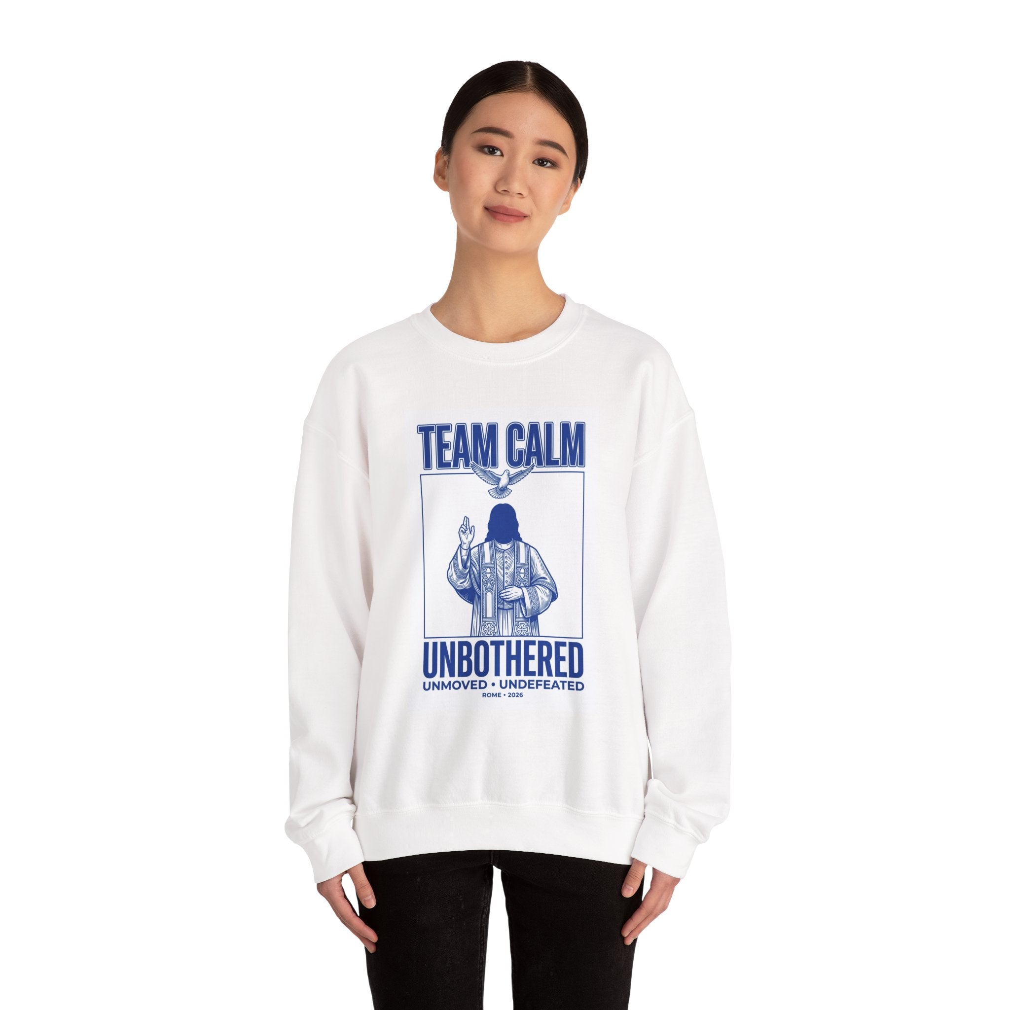 Team Calm 'Unbothered' Crewneck Sweatshirt | Pope‑coded Symbolism, Minimalist Religious Graphic