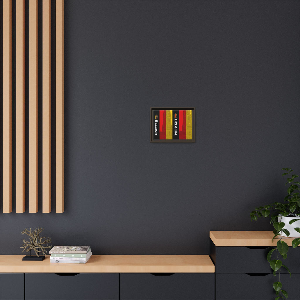 Belgium Flag Matte Canvas Framed Wall Art — Vertical Tricolor with Belfry Silhouette