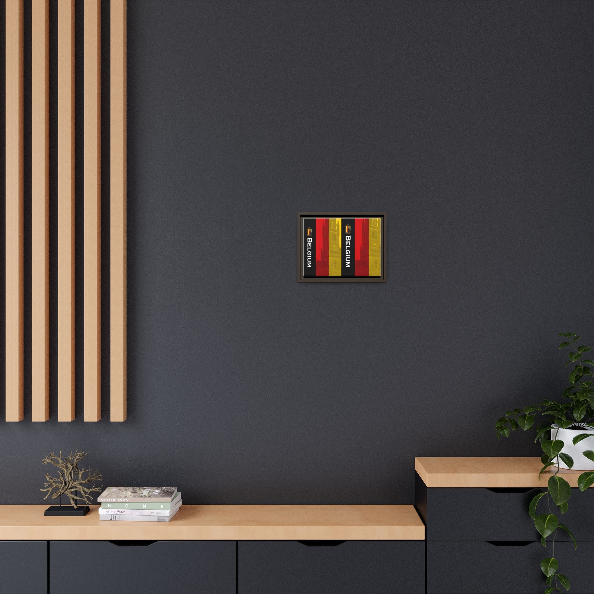 Belgium Flag Matte Canvas Framed Wall Art — Vertical Tricolor with Belfry Silhouette