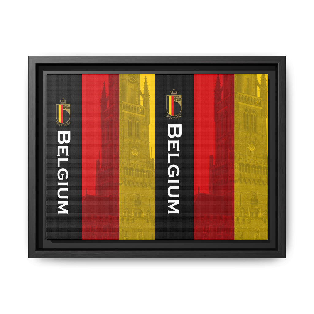 Belgium Flag Matte Canvas Framed Wall Art — Vertical Tricolor with Belfry Silhouette
