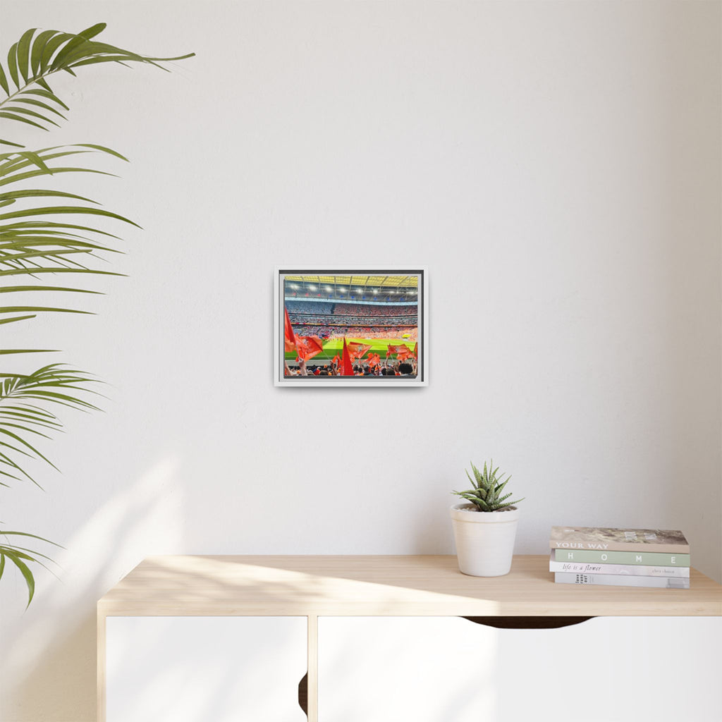 Stadium Fans Matte Framed Canvas — Soccer Crowd with Red Flags Wall Art