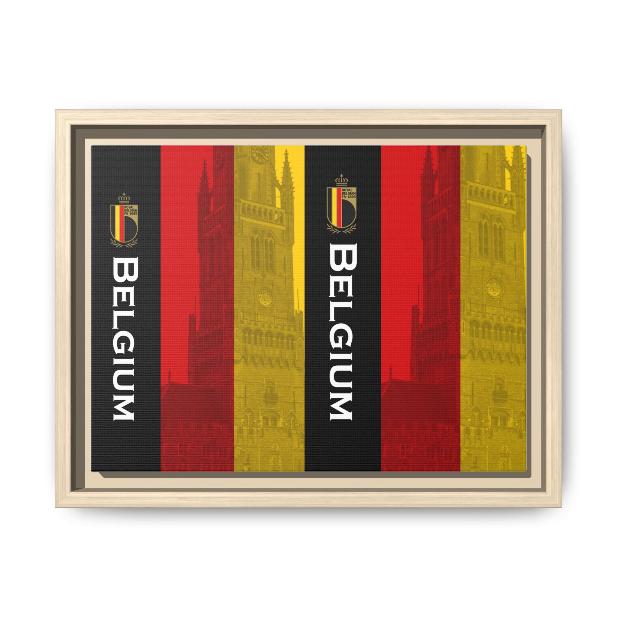 Belgium Flag Matte Canvas Framed Wall Art — Vertical Tricolor with Belfry Silhouette