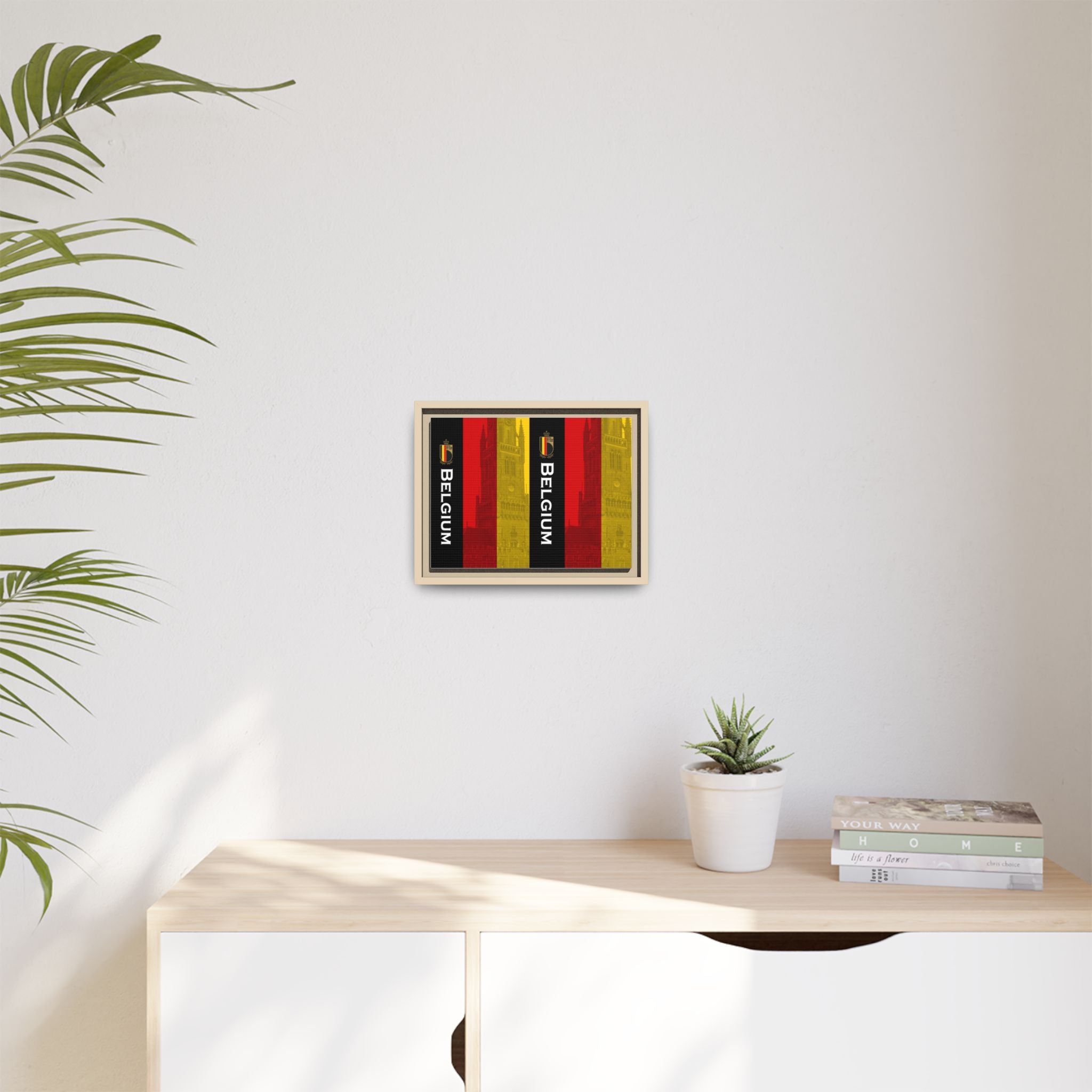 Belgium Flag Matte Canvas Framed Wall Art — Vertical Tricolor with Belfry Silhouette