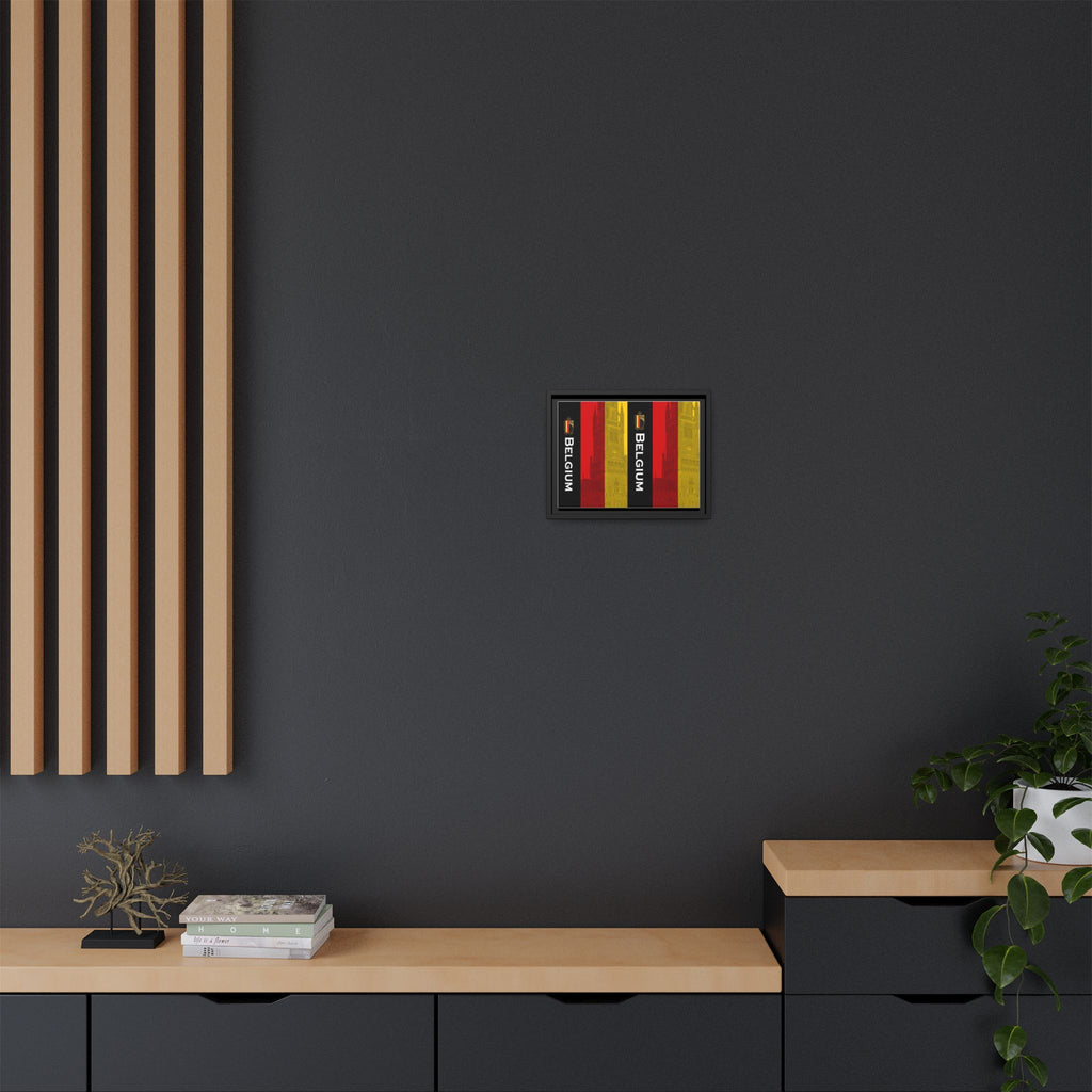 Belgium Flag Matte Canvas Framed Wall Art — Vertical Tricolor with Belfry Silhouette