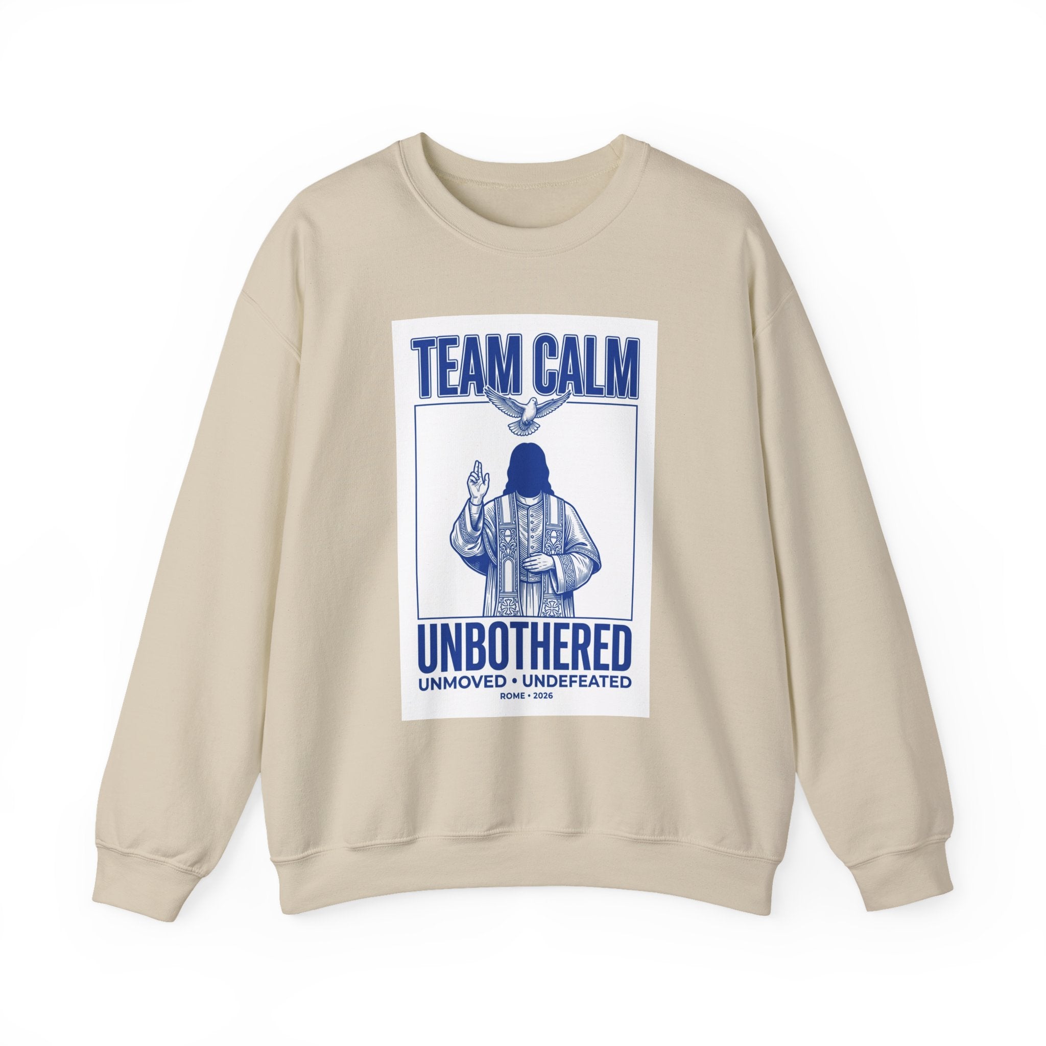 Team Calm 'Unbothered' Crewneck Sweatshirt | Pope‑coded Symbolism, Minimalist Religious Graphic