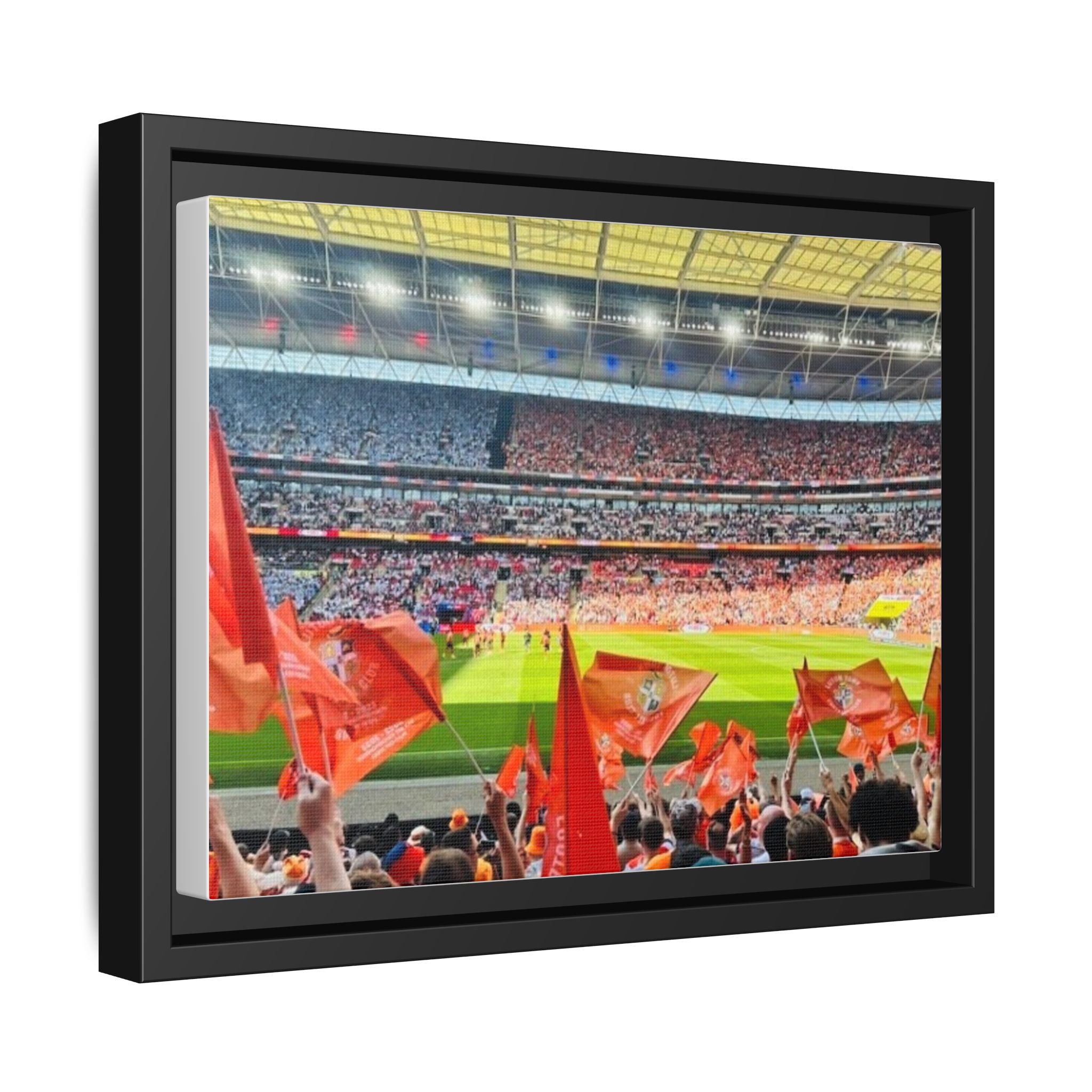 Stadium Fans Matte Framed Canvas — Soccer Crowd with Red Flags Wall Art