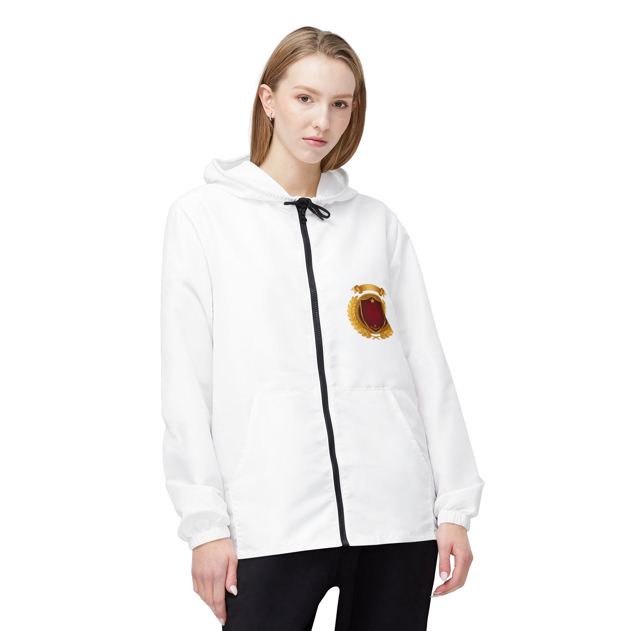 Own It Windbreaker Jacket — Minimal Crest Zip-Up Hooded Windbreaker