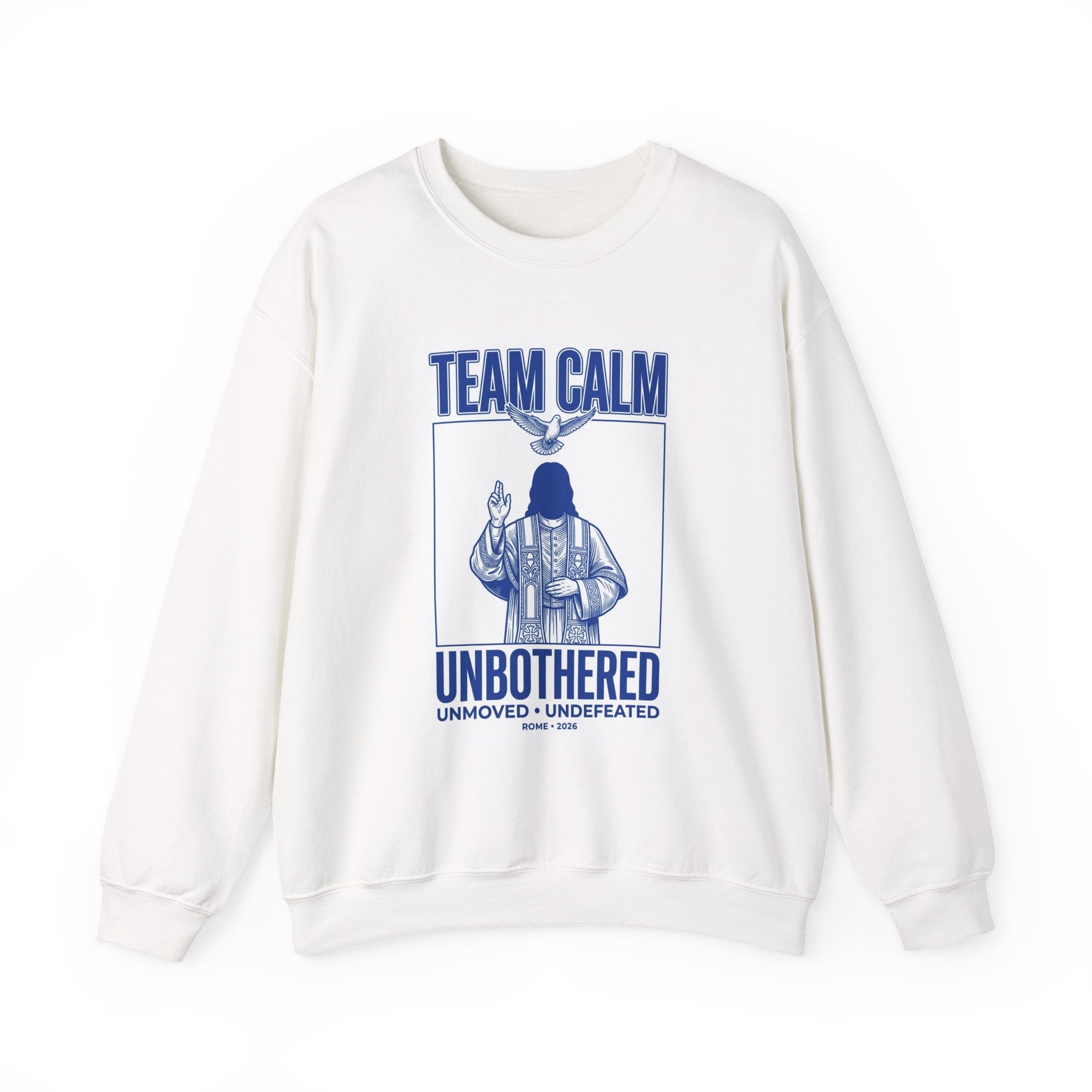 Team Calm 'Unbothered' Crewneck Sweatshirt | Pope‑coded Symbolism, Minimalist Religious Graphic