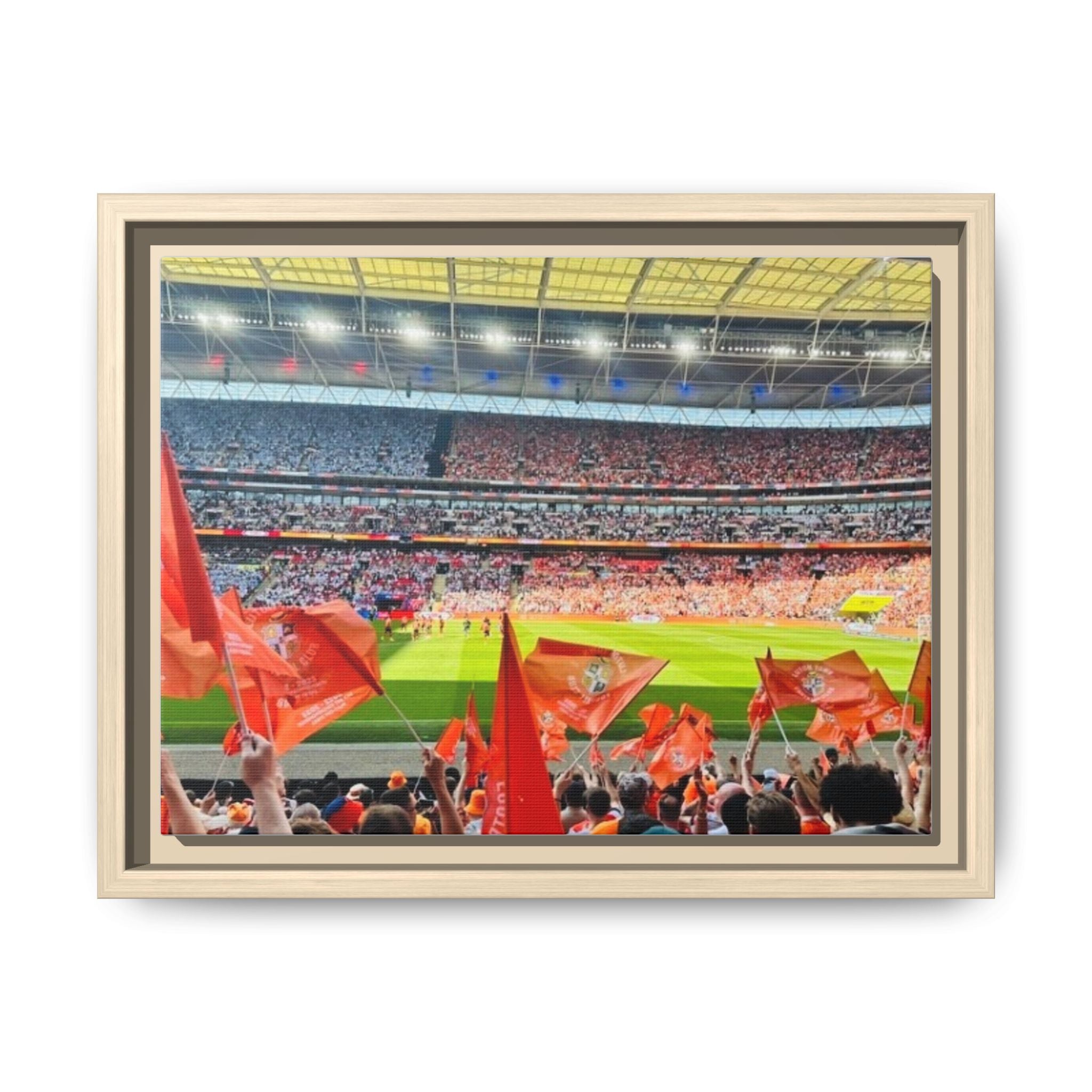 Stadium Fans Matte Framed Canvas — Soccer Crowd with Red Flags Wall Art