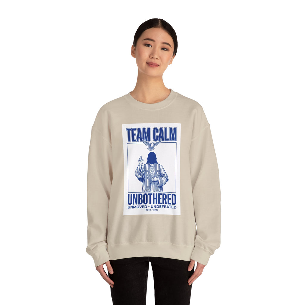 Team Calm 'Unbothered' Crewneck Sweatshirt | Pope‑coded Symbolism, Minimalist Religious Graphic