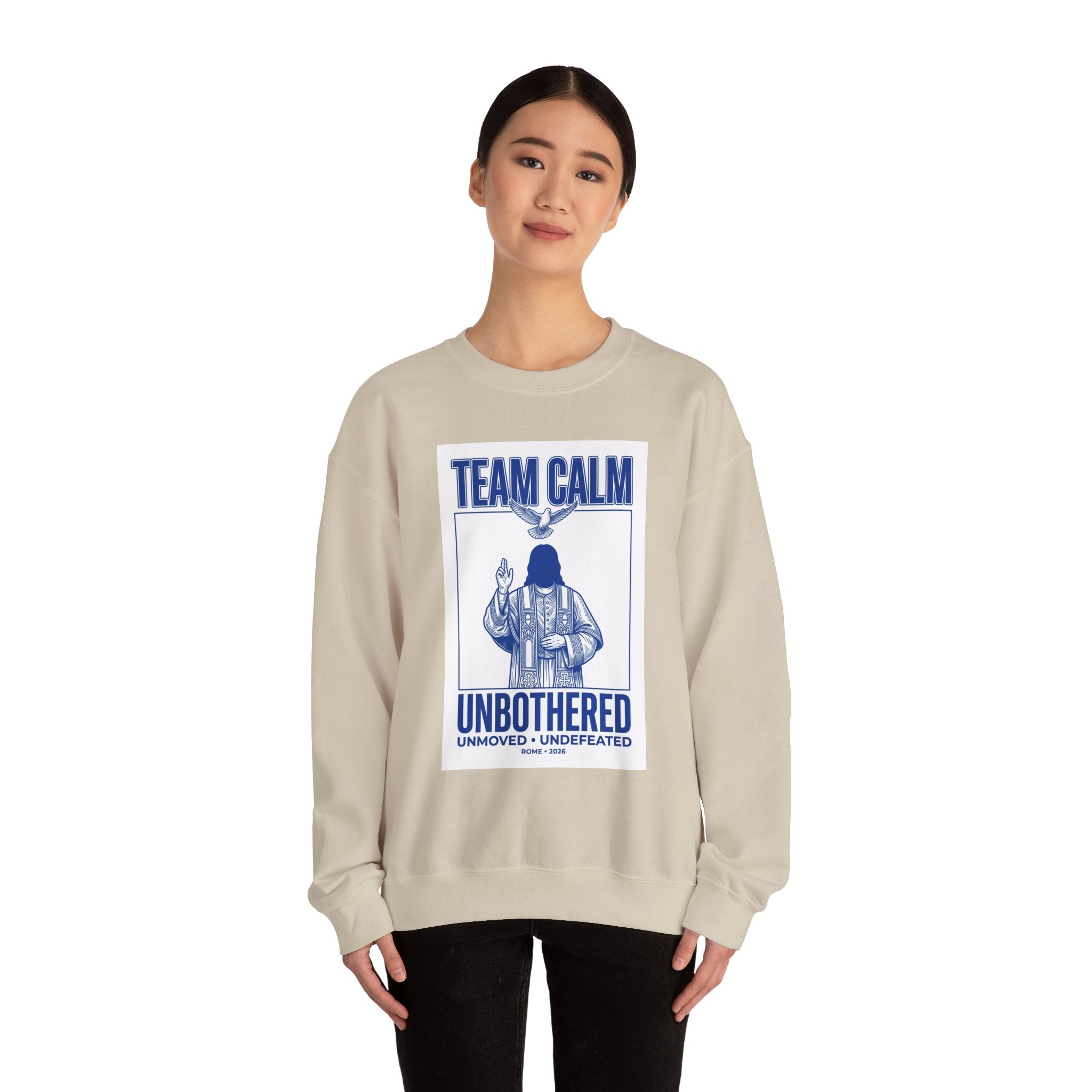 Team Calm 'Unbothered' Crewneck Sweatshirt | Pope‑coded Symbolism, Minimalist Religious Graphic