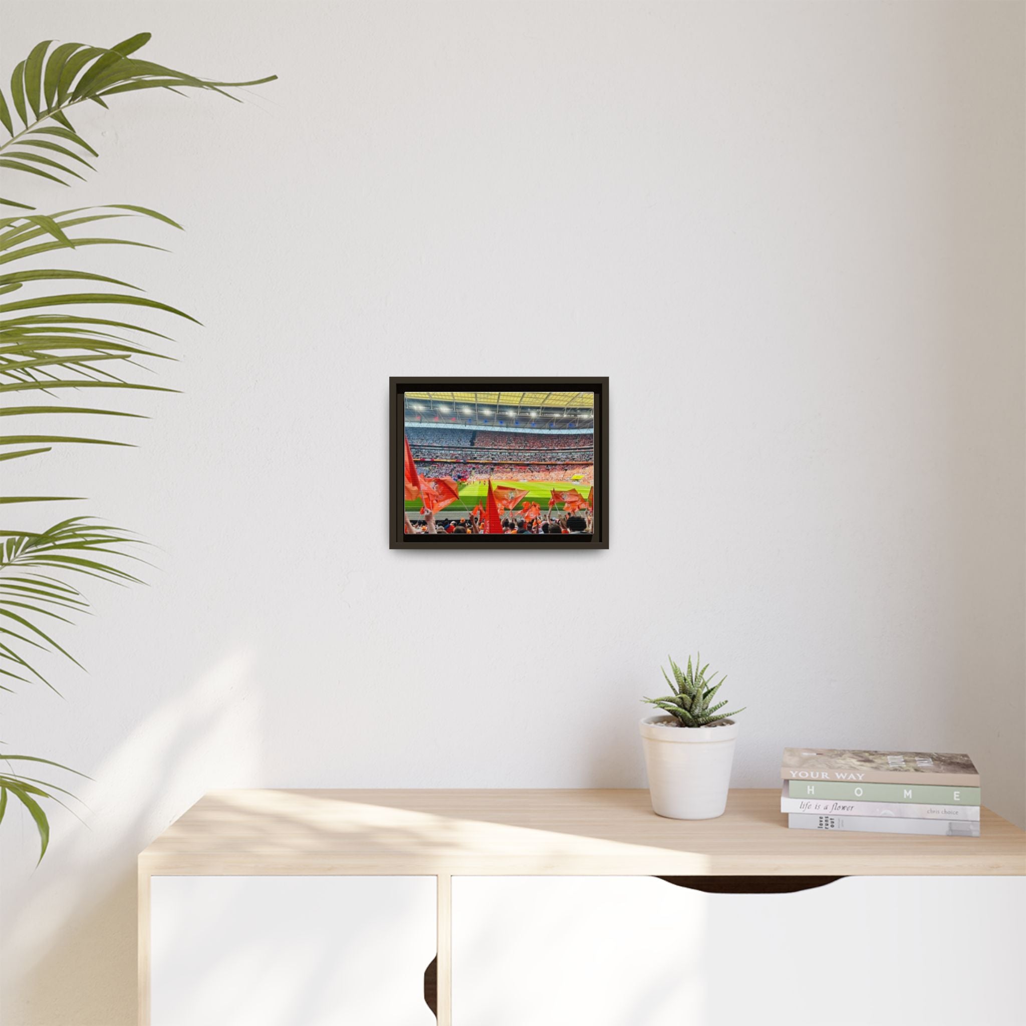 Stadium Fans Matte Framed Canvas — Soccer Crowd with Red Flags Wall Art