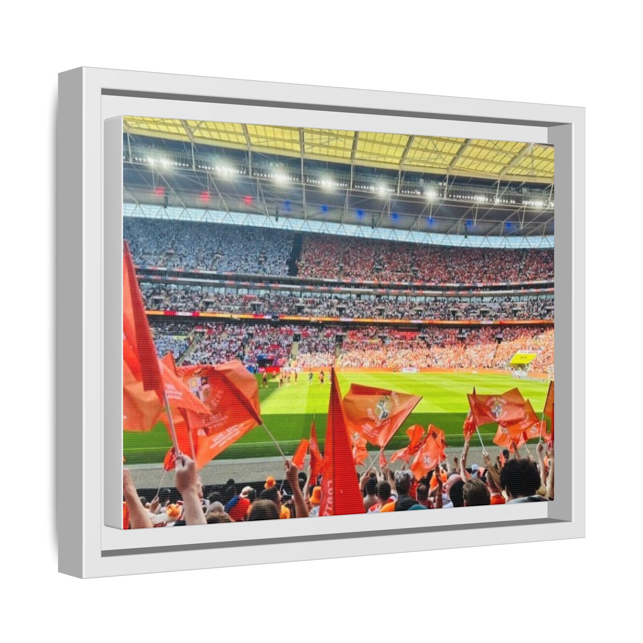 Stadium Fans Matte Framed Canvas — Soccer Crowd with Red Flags Wall Art