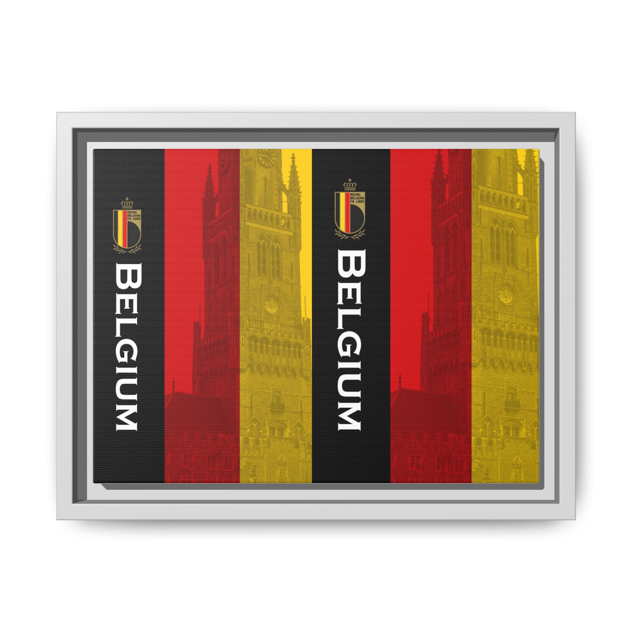 Belgium Flag Matte Canvas Framed Wall Art — Vertical Tricolor with Belfry Silhouette