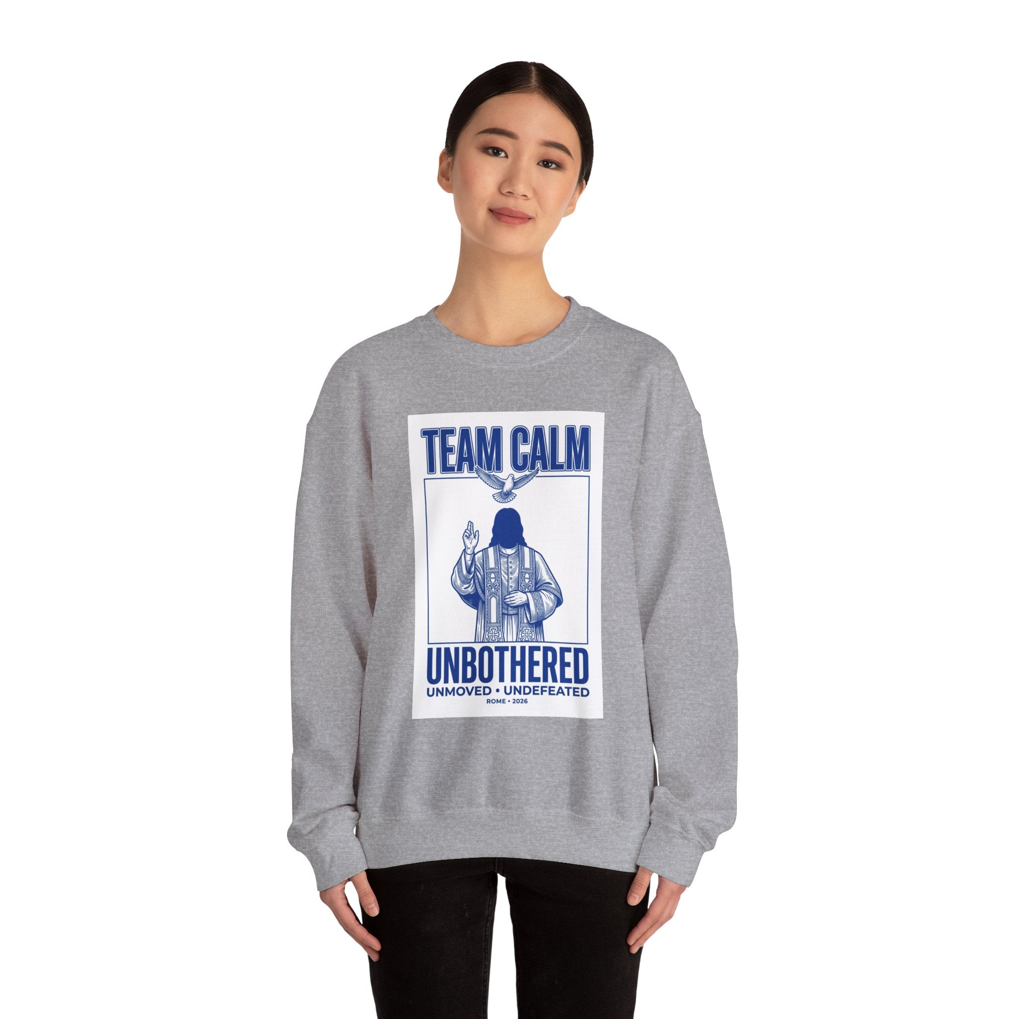 Team Calm 'Unbothered' Crewneck Sweatshirt | Pope‑coded Symbolism, Minimalist Religious Graphic