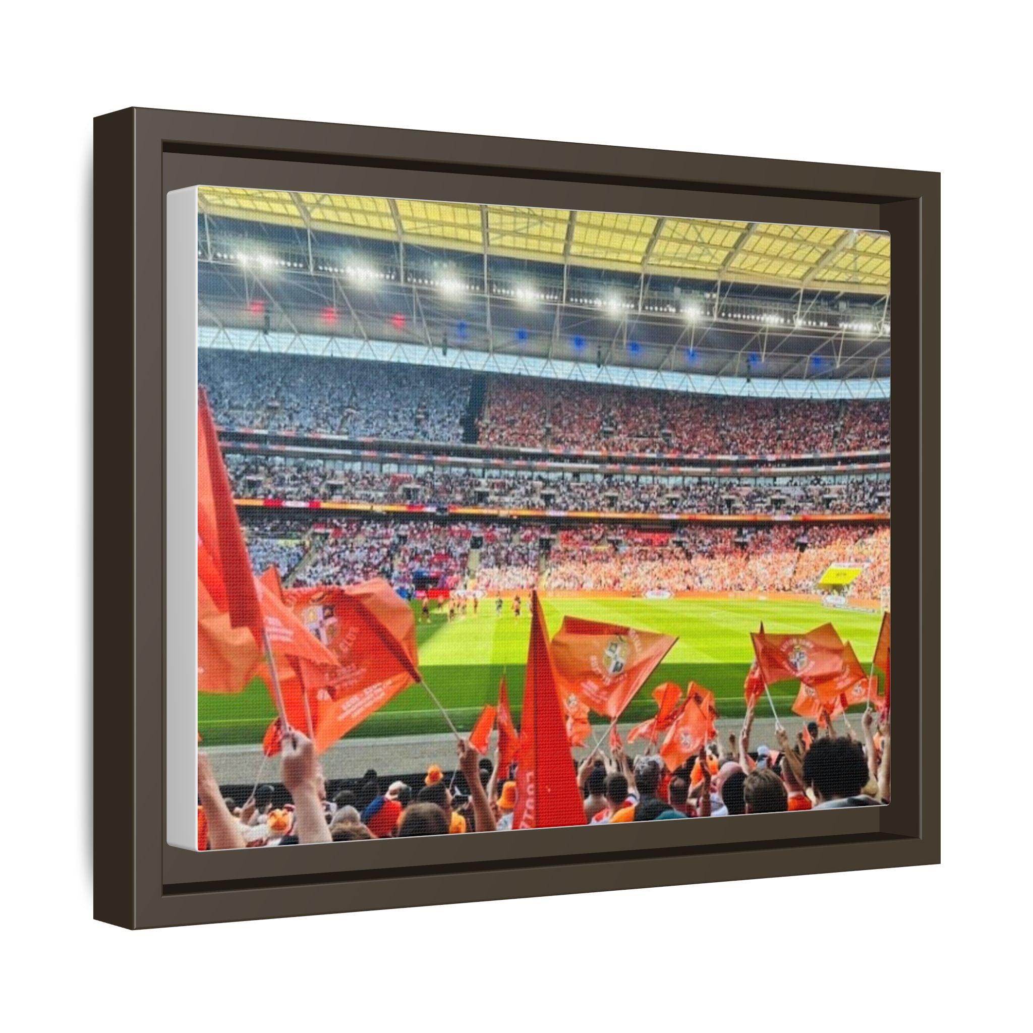Stadium Fans Matte Framed Canvas — Soccer Crowd with Red Flags Wall Art