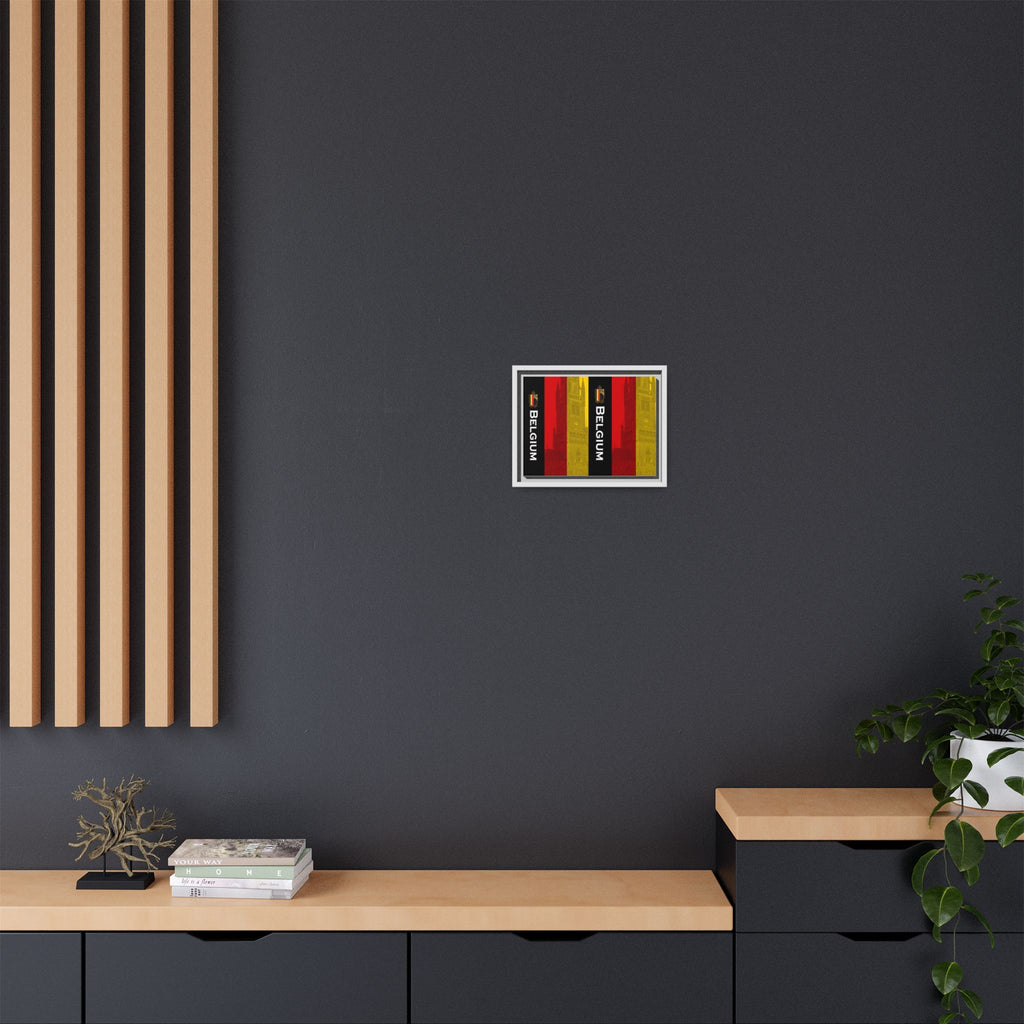 Belgium Flag Matte Canvas Framed Wall Art — Vertical Tricolor with Belfry Silhouette
