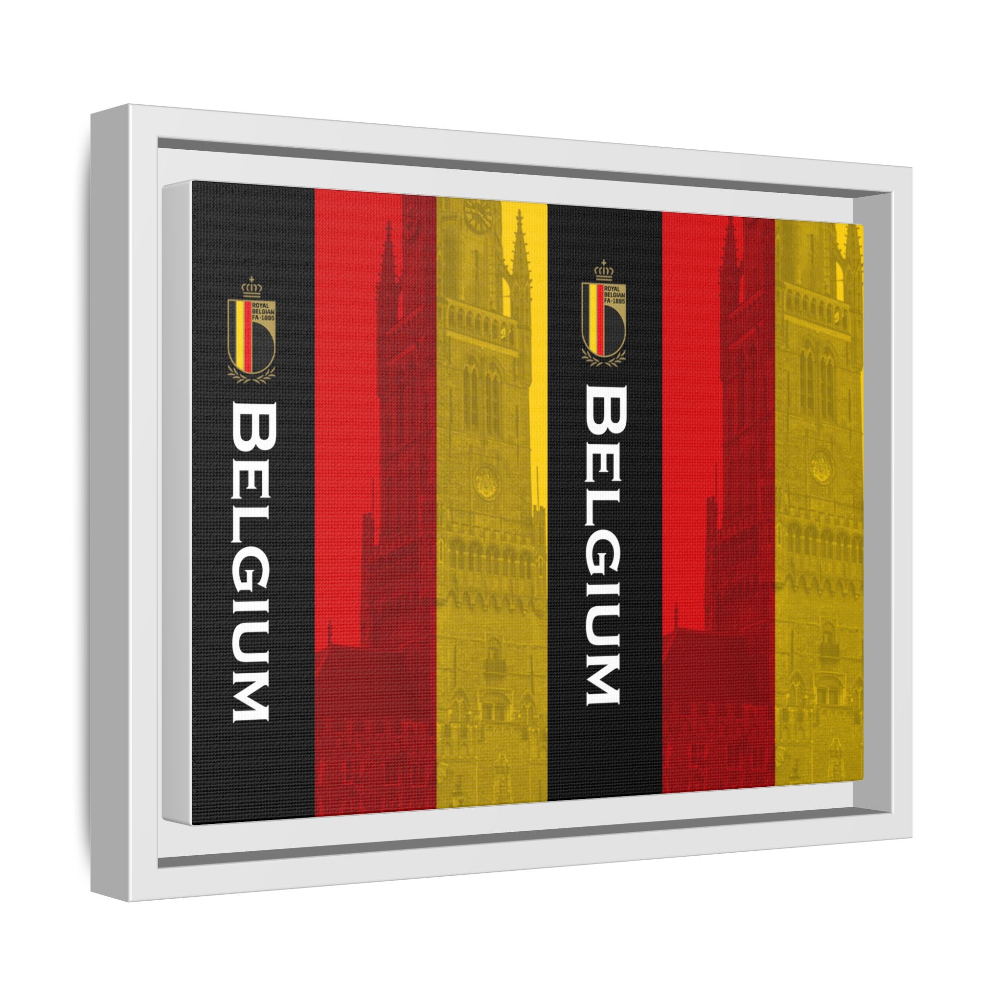 Belgium Flag Matte Canvas Framed Wall Art — Vertical Tricolor with Belfry Silhouette