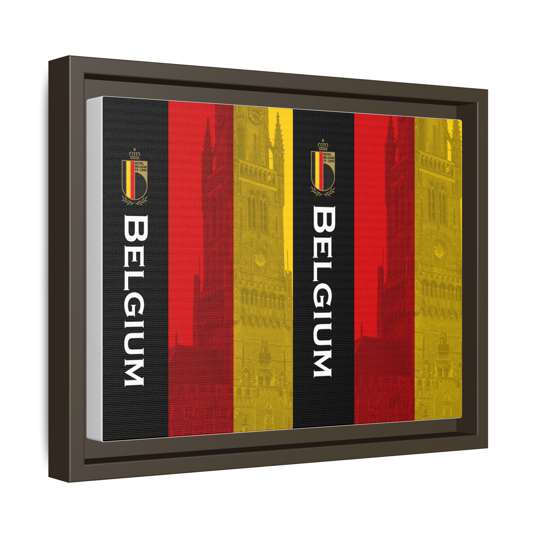 Belgium Flag Matte Canvas Framed Wall Art — Vertical Tricolor with Belfry Silhouette