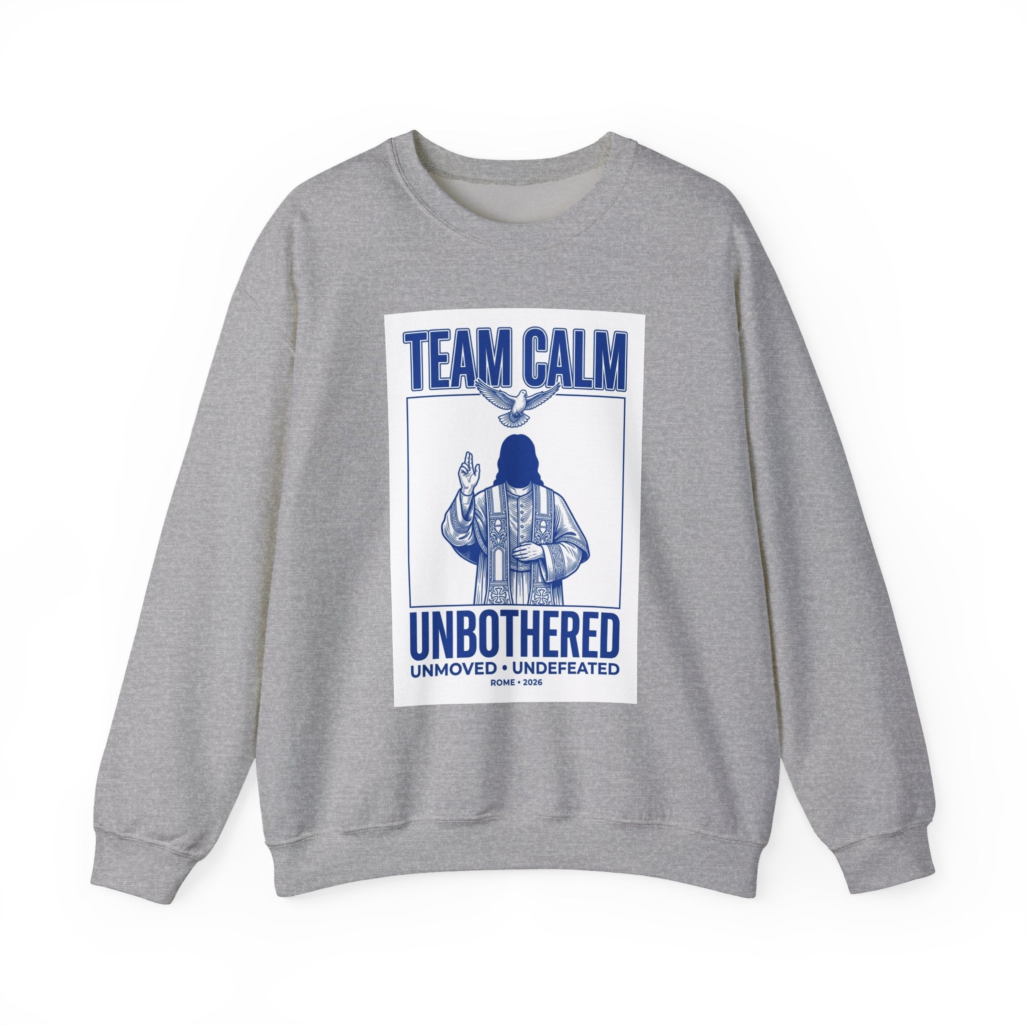 Team Calm 'Unbothered' Crewneck Sweatshirt | Pope‑coded Symbolism, Minimalist Religious Graphic