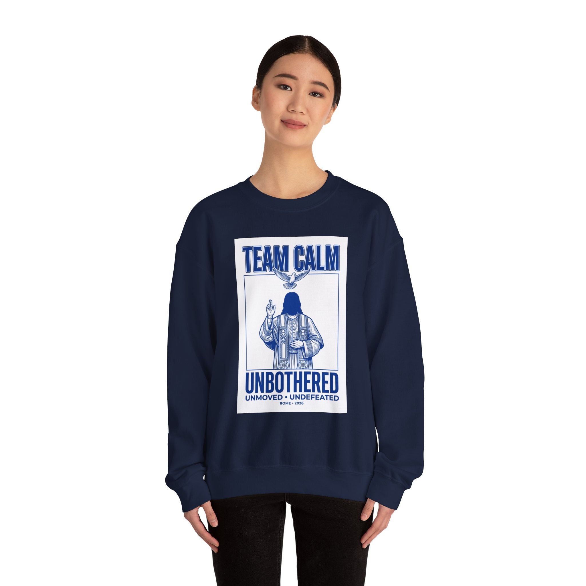 Team Calm 'Unbothered' Crewneck Sweatshirt | Pope‑coded Symbolism, Minimalist Religious Graphic