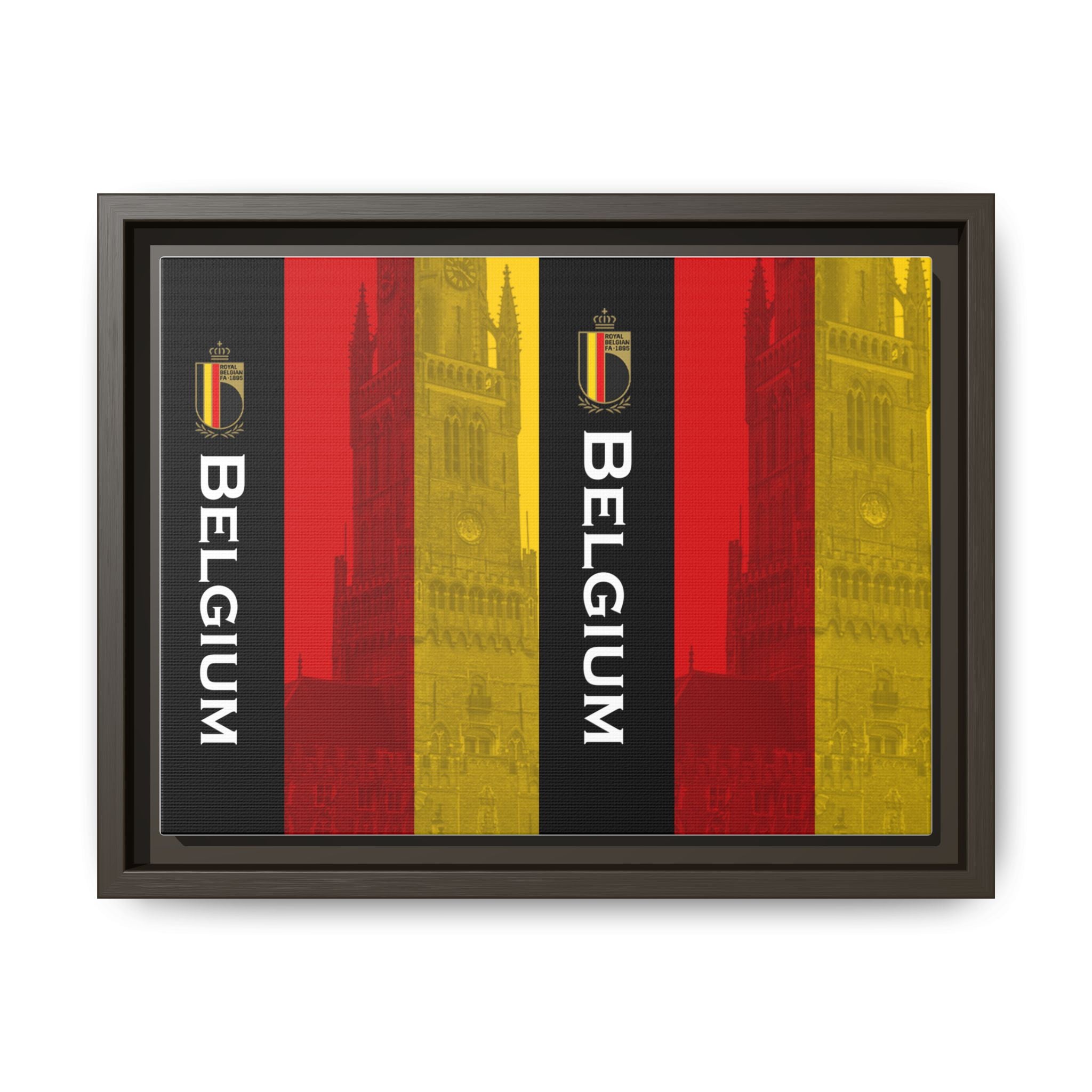 Belgium Flag Matte Canvas Framed Wall Art — Vertical Tricolor with Belfry Silhouette