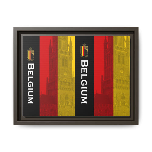 Belgium Flag Matte Canvas Framed Wall Art — Vertical Tricolor with Belfry Silhouette