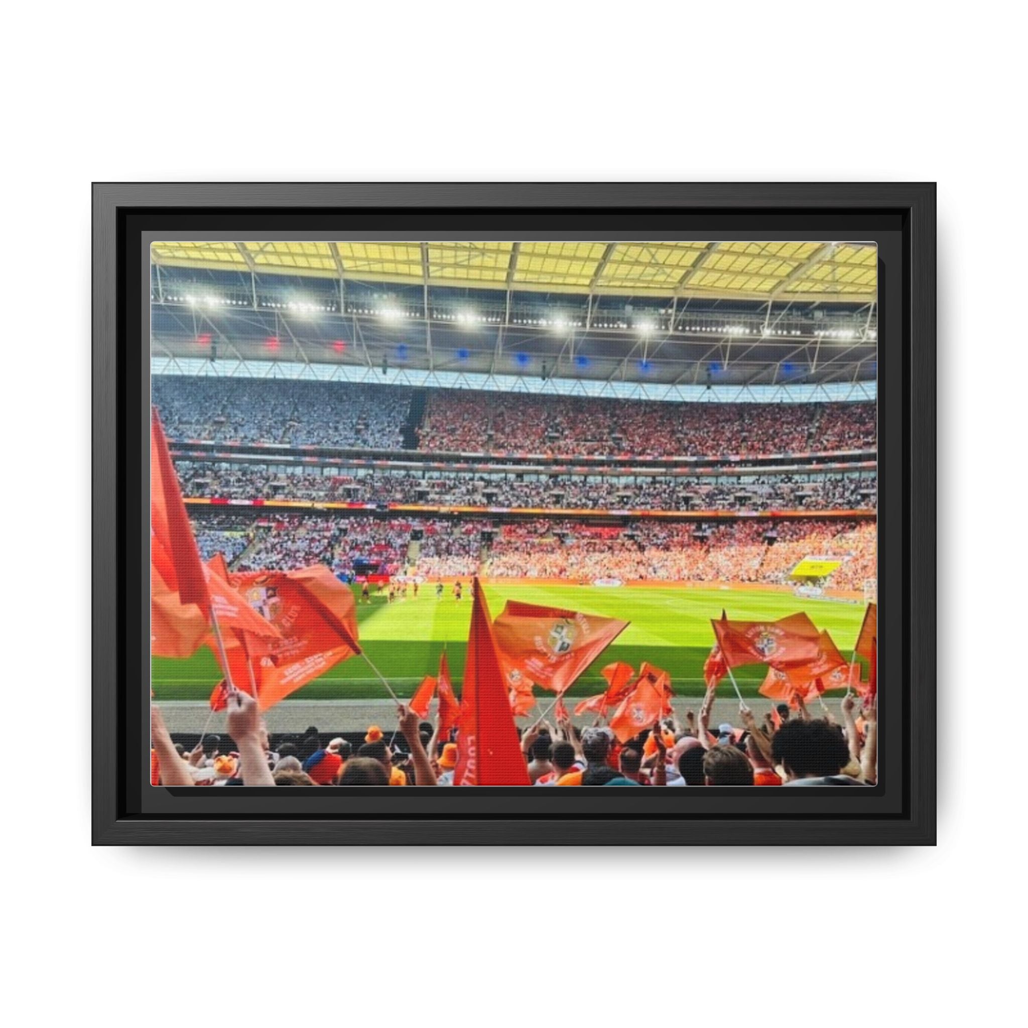 Stadium Fans Matte Framed Canvas — Soccer Crowd with Red Flags Wall Art