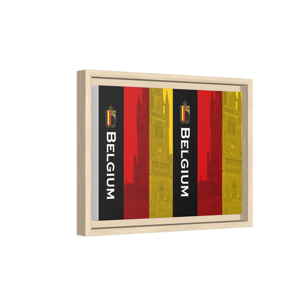 Belgium Flag Matte Canvas Framed Wall Art — Vertical Tricolor with Belfry Silhouette