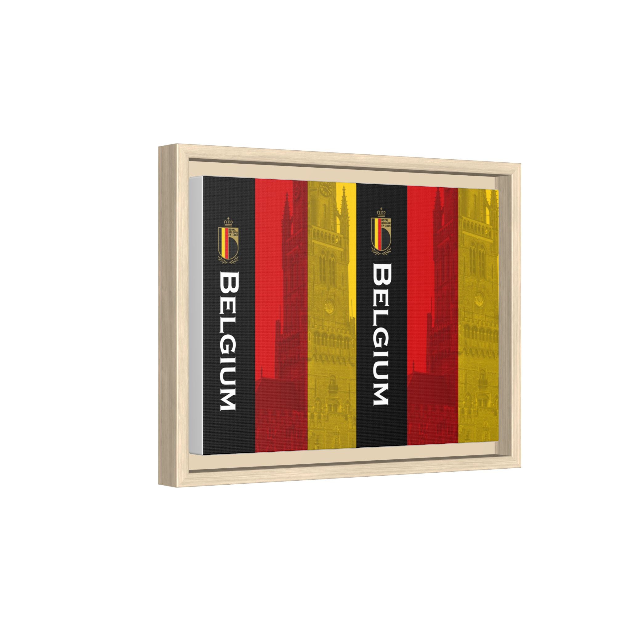 Belgium Flag Matte Canvas Framed Wall Art — Vertical Tricolor with Belfry Silhouette