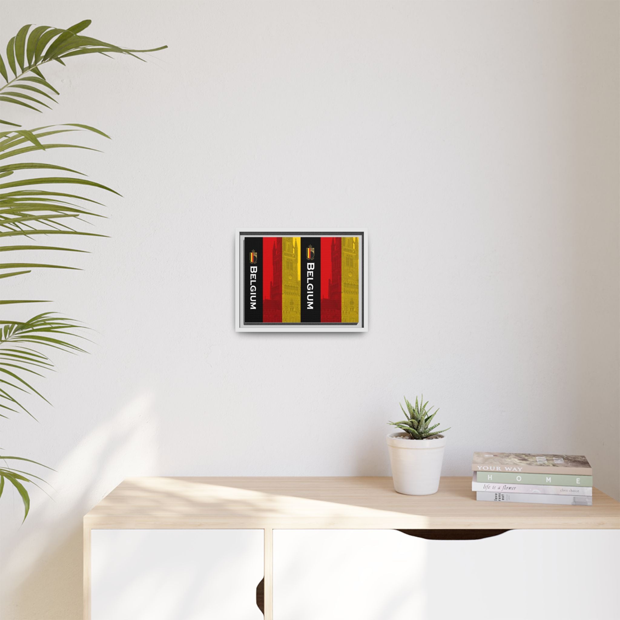 Belgium Flag Matte Canvas Framed Wall Art — Vertical Tricolor with Belfry Silhouette